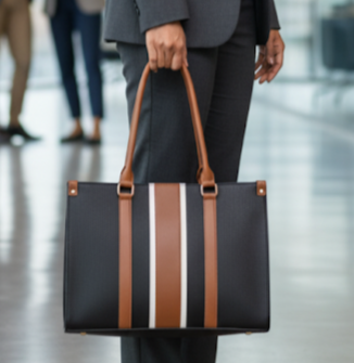 Woman in professional attire holding a black and brown tote bag in an office setting.