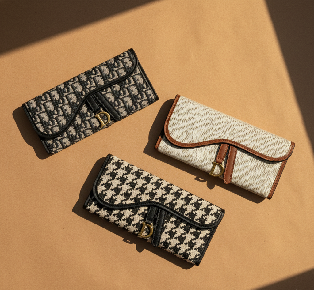 Three patterned wallets on a beige surface